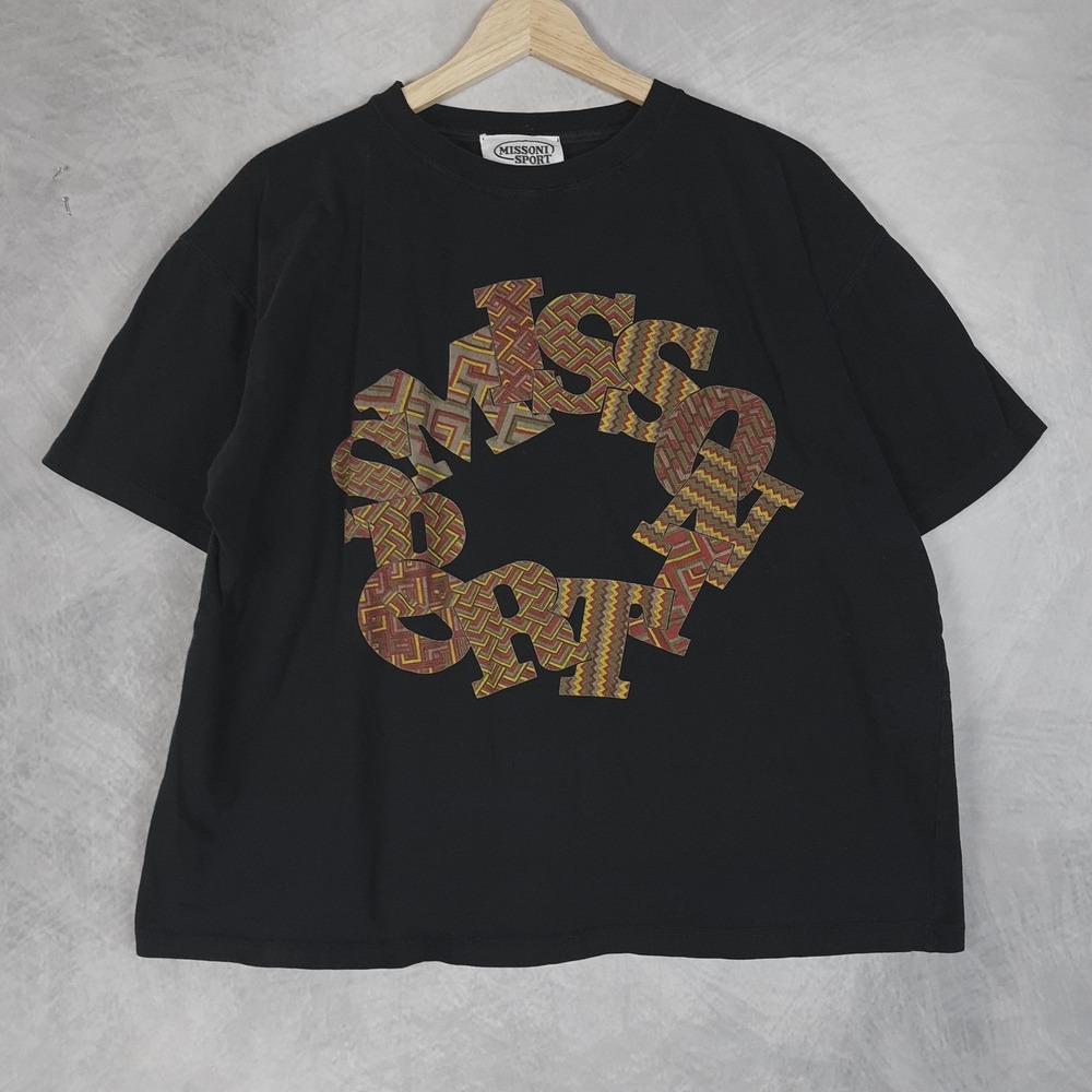 Vintage Missoni Sport Shirt Mens Large Black Circle Logo Zigzag Graphic Italy